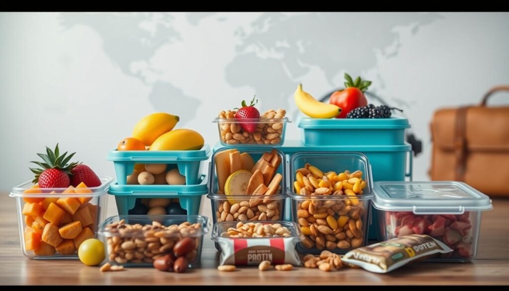 Contenedores de viaje y snacks saludables