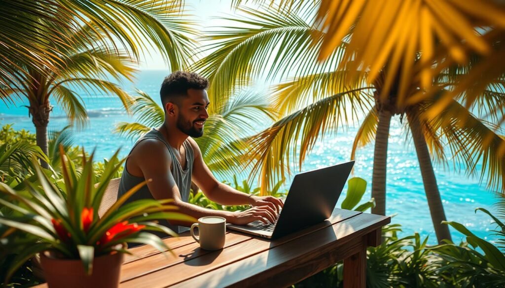 Trabajador remoto en destino exótico