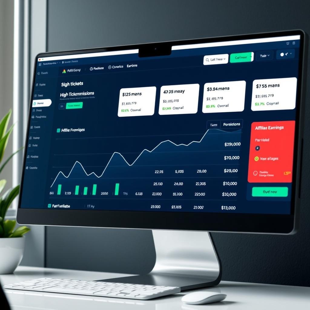 Dashboard mostrando comisiones de afiliados de productos de alto valor para ganar $10,000 en 21 días