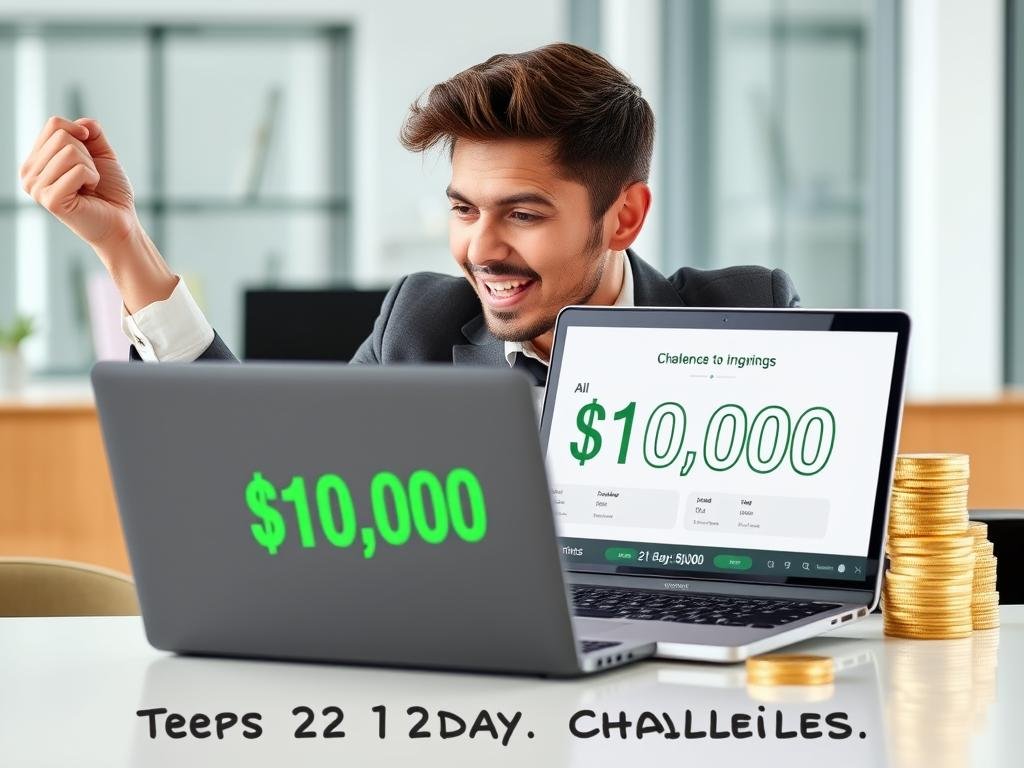 Persona celebrando el logro de ganar $10,000 en 21 días Persona celebrando el logro de ganar $10,000 en 21 días