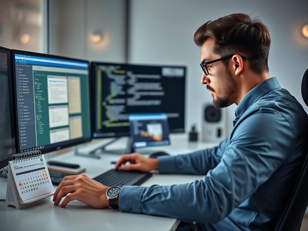 Profesional freelancer trabajando intensamente en su computadora para ganar $10,000 en 21 días Profesional freelancer trabajando intensamente en su computadora para ganar $10,000 en 21 días
