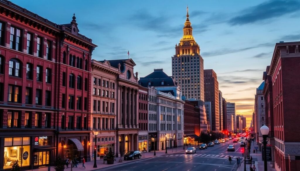 Sunset view of downtown Utica NY with historic buildings illuminated