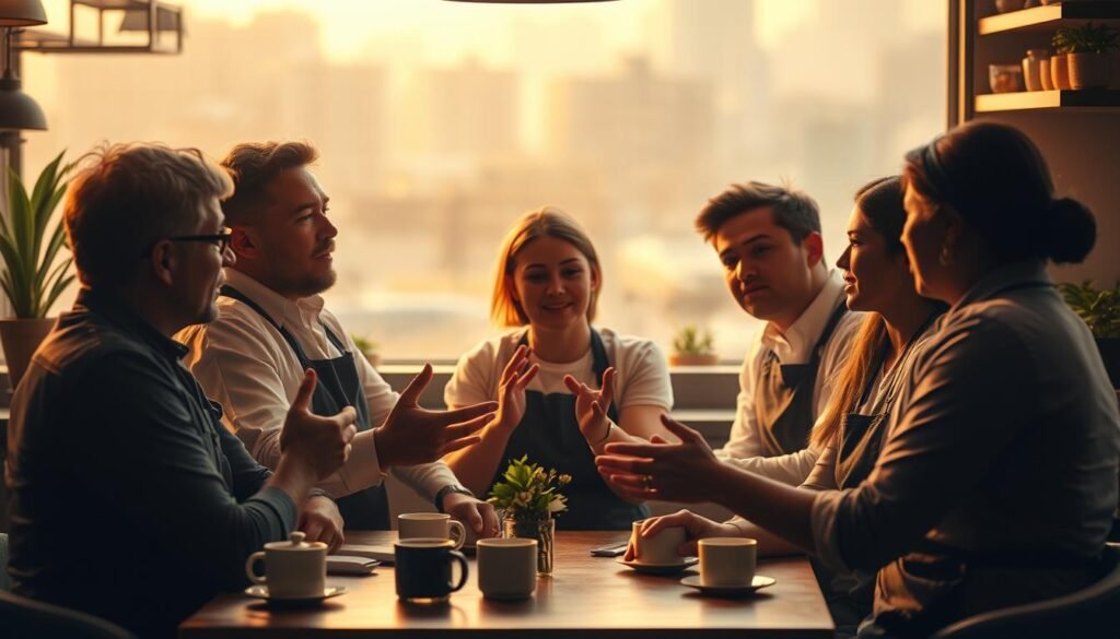 Trabajadores de hostelería compartiendo experiencias