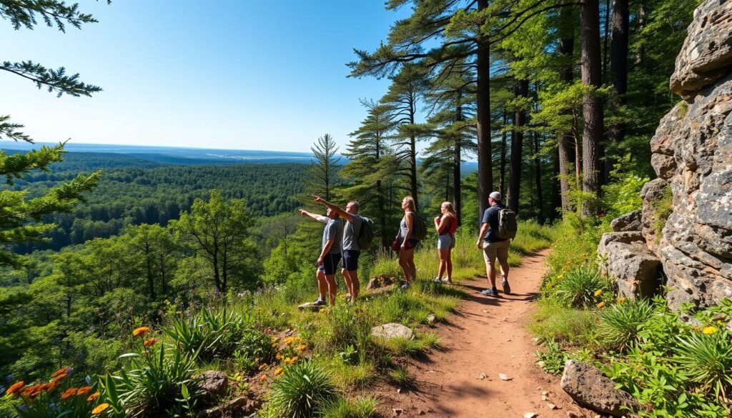 A beautiful hiking trail in New York, surrounded by lush green forests and rocky outcrops. In the foreground, a well-worn dirt path leads the eye into the scene, with vibrant wildflowers scattered along the sides. The middle ground showcases a diverse group of hikers dressed in modest, casual outdoor clothing, enjoying the scenery and pointing towards a distant vista. In the background, towering trees stretch towards a clear blue sky, with gentle sunlight filtering through the leaves, casting dappled shadows on the ground. Capture this serene moment from a slightly elevated angle to highlight the depth of the forest and the expansive landscape beyond. Aim for a bright, uplifting atmosphere, evoking a sense of adventure and tranquility in nature. A beautiful hiking trail in New York, surrounded by lush green forests and rocky outcrops. In the foreground, a well-worn dirt path leads the eye into the scene, with vibrant wildflowers scattered along the sides. The middle ground showcases a diverse group of hikers dressed in modest, casual outdoor clothing, enjoying the scenery and pointing towards a distant vista. In the background, towering trees stretch towards a clear blue sky, with gentle sunlight filtering through the leaves, casting dappled shadows on the ground. Capture this serene moment from a slightly elevated angle to highlight the depth of the forest and the expansive landscape beyond. Aim for a bright, uplifting atmosphere, evoking a sense of adventure and tranquility in nature.