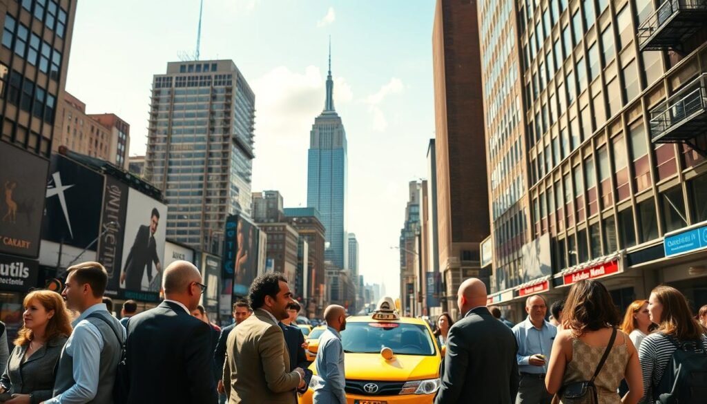 A bustling New York City street scene showcasing the vibrant urban lifestyle. In the foreground, a diverse group of people dressed in professional business attire and modest casual clothing engages in conversation, perhaps discussing local tips or sharing experiences. The middle ground features iconic NYC landmarks, such as a yellow taxi cab and the grandeur of skyscrapers, including the Empire State Building, bathed in warm afternoon sunlight. The background displays a clear blue sky with a few fluffy white clouds, capturing the dynamic essence of the city. The overall atmosphere is lively and energetic, reflecting the hustle and bustle of living in New York, inviting viewers to feel the excitement of urban life. The scene should have balanced, natural lighting to enhance the vivid colors of the cityscape. A bustling New York City street scene showcasing the vibrant urban lifestyle. In the foreground, a diverse group of people dressed in professional business attire and modest casual clothing engages in conversation, perhaps discussing local tips or sharing experiences. The middle ground features iconic NYC landmarks, such as a yellow taxi cab and the grandeur of skyscrapers, including the Empire State Building, bathed in warm afternoon sunlight. The background displays a clear blue sky with a few fluffy white clouds, capturing the dynamic essence of the city. The overall atmosphere is lively and energetic, reflecting the hustle and bustle of living in New York, inviting viewers to feel the excitement of urban life. The scene should have balanced, natural lighting to enhance the vivid colors of the cityscape.