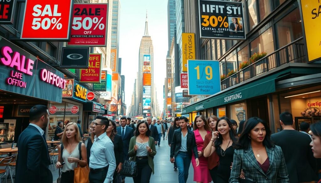 A bustling scene in New York City showcasing vibrant discount signs and special offers. In the foreground, diverse shoppers, including men and women in professional business attire, excitedly explore a street lined with fashionable storefronts adorned with colorful sale banners. The middle ground features packed shops and cafe terraces filled with customers checking out merchandise. In the background, iconic NYC landmarks like the Empire State Building and Times Square glow under a bright, cheerful daylight. The atmosphere is lively and dynamic, capturing the energy of city shopping. Use a wide-angle lens for an immersive view, highlighting the vivid colors of sale signs and the enthusiastic expressions of the shoppers, creating a sense of excitement and urgency. The lighting is bright and inviting, enhancing the overall cheerful mood of the scene. A bustling scene in New York City showcasing vibrant discount signs and special offers. In the foreground, diverse shoppers, including men and women in professional business attire, excitedly explore a street lined with fashionable storefronts adorned with colorful sale banners. The middle ground features packed shops and cafe terraces filled with customers checking out merchandise. In the background, iconic NYC landmarks like the Empire State Building and Times Square glow under a bright, cheerful daylight. The atmosphere is lively and dynamic, capturing the energy of city shopping. Use a wide-angle lens for an immersive view, highlighting the vivid colors of sale signs and the enthusiastic expressions of the shoppers, creating a sense of excitement and urgency. The lighting is bright and inviting, enhancing the overall cheerful mood of the scene.
