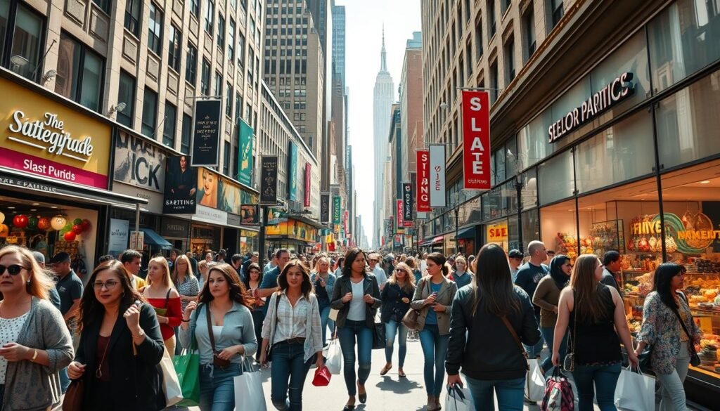A bustling street in New York City during the day, filled with people engaged in shopping activities. In the foreground, a diverse group of shoppers, dressed in stylish casual attire, carry shopping bags from famous brands. In the middle, colorful storefronts display a variety of goods, from fashion to unique souvenirs, showcasing vibrant window displays. The background features iconic NYC architecture, including a glimpse of the Empire State Building. Bright sunlight filters through the buildings, casting soft shadows on the street. The atmosphere is lively and energetic, capturing the excitement of retail therapy in the heart of the city. Use a wide-angle lens to emphasize the dynamic urban environment, with vivid colors and clear details.