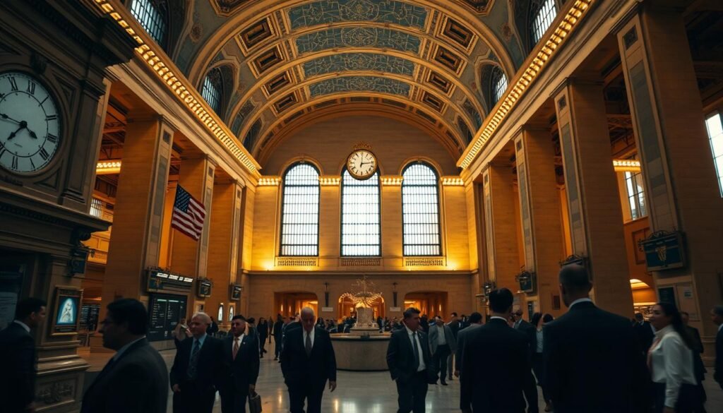 A captivating view of Grand Central Terminal, showcasing its stunning architectural beauty. In the foreground, elegant marble details and vintage clock capture attention, while neatly dressed business professionals bustle about. The middle ground features the majestic main concourse, with its high vaulted ceiling adorned with intricate constellations, warm golden lighting illuminating the space. In the background, towering columns and expansive windows reveal glimpses of the New York skyline, casting soft shadows across the grand hall. The atmosphere feels bustling yet awe-inspiring, embodying the essence of New York City’s architectural grandeur. Capture the scene from a slightly elevated angle, allowing for a wide perspective that encapsulates the terminal’s grandeur and the vibrant activity within. A captivating view of Grand Central Terminal, showcasing its stunning architectural beauty. In the foreground, elegant marble details and vintage clock capture attention, while neatly dressed business professionals bustle about. The middle ground features the majestic main concourse, with its high vaulted ceiling adorned with intricate constellations, warm golden lighting illuminating the space. In the background, towering columns and expansive windows reveal glimpses of the New York skyline, casting soft shadows across the grand hall. The atmosphere feels bustling yet awe-inspiring, embodying the essence of New York City’s architectural grandeur. Capture the scene from a slightly elevated angle, allowing for a wide perspective that encapsulates the terminal’s grandeur and the vibrant activity within.