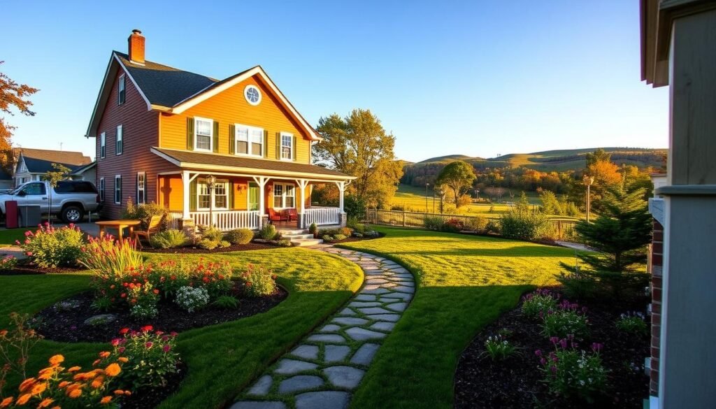 A cozy and inviting accommodation setting in Oneida, NY, featuring a beautifully landscaped front yard with colorful flowers and a welcoming porch. In the foreground, a well-maintained path leads to a charming two-story home, showcasing classic American architecture with wooden siding and a gabled roof. The middle ground displays several small, comfortable outdoor seating areas, perfect for relaxation, surrounded by vibrant greenery. In the background, gently rolling hills are bathed in warm, golden sunlight, creating a serene atmosphere. The scene captures a late afternoon ambiance with soft shadows and a clear blue sky, ideal for evoking a sense of peace and tranquility. A cozy and inviting accommodation setting in Oneida, NY, featuring a beautifully landscaped front yard with colorful flowers and a welcoming porch. In the foreground, a well-maintained path leads to a charming two-story home, showcasing classic American architecture with wooden siding and a gabled roof. The middle ground displays several small, comfortable outdoor seating areas, perfect for relaxation, surrounded by vibrant greenery. In the background, gently rolling hills are bathed in warm, golden sunlight, creating a serene atmosphere. The scene captures a late afternoon ambiance with soft shadows and a clear blue sky, ideal for evoking a sense of peace and tranquility.