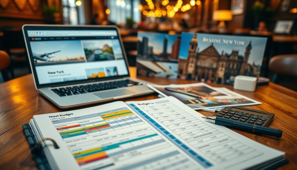 A detailed budget planner for traveling to New York, set on a stylish wooden table. In the foreground, an open planner with colorful budget sheets, a calculator, and a pen. The middle ground showcases a laptop displaying flight and hotel booking websites, surrounded by a few travel brochures featuring iconic New York landmarks like Times Square and Central Park. The background includes a cozy café atmosphere with warm lighting illuminating the scene, creating a sense of excitement and anticipation for travel. The overall mood is organized and inspiring, symbolizing the thoughtful planning required for an enriching New York adventure. The image composition captures the essence of preparing for an unforgettable trip while maintaining a professional and inviting appearance. A detailed budget planner for traveling to New York, set on a stylish wooden table. In the foreground, an open planner with colorful budget sheets, a calculator, and a pen. The middle ground showcases a laptop displaying flight and hotel booking websites, surrounded by a few travel brochures featuring iconic New York landmarks like Times Square and Central Park. The background includes a cozy café atmosphere with warm lighting illuminating the scene, creating a sense of excitement and anticipation for travel. The overall mood is organized and inspiring, symbolizing the thoughtful planning required for an enriching New York adventure. The image composition captures the essence of preparing for an unforgettable trip while maintaining a professional and inviting appearance.