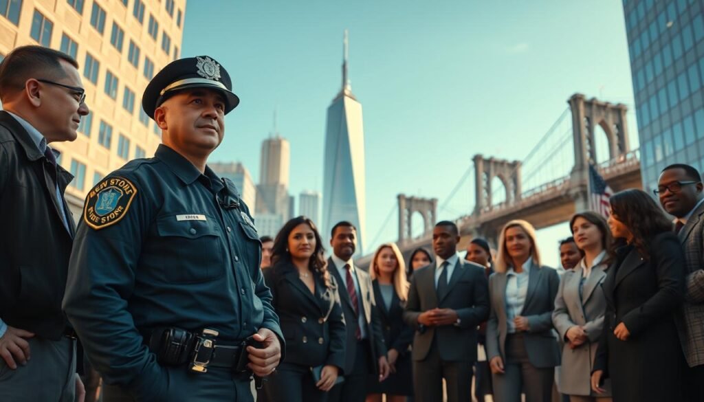 A detailed scene depicting security in New York State, showcasing a diverse group of individuals in professional business attire standing confidently in a well-lit urban environment. In the foreground, a police officer engaged with community members, demonstrating a strong sense of safety and cooperation. In the middle ground, iconic New York State landmarks like the Empire State Building and Brooklyn Bridge stand tall, symbolizing strength. The background features a bright blue sky, adding an optimistic tone to the scene. The lighting is bright and inviting, suggesting a peaceful atmosphere, while camera angles capture the dynamic interaction among people, reinforcing themes of community and law enforcement partnership. A detailed scene depicting security in New York State, showcasing a diverse group of individuals in professional business attire standing confidently in a well-lit urban environment. In the foreground, a police officer engaged with community members, demonstrating a strong sense of safety and cooperation. In the middle ground, iconic New York State landmarks like the Empire State Building and Brooklyn Bridge stand tall, symbolizing strength. The background features a bright blue sky, adding an optimistic tone to the scene. The lighting is bright and inviting, suggesting a peaceful atmosphere, while camera angles capture the dynamic interaction among people, reinforcing themes of community and law enforcement partnership.