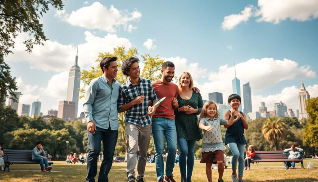 A lively family enjoying their vacation in New York City, standing together in Central Park. In the foreground, a diverse family with two children, playing with a frisbee and laughing, all dressed in casual, modest attire. The middle ground features iconic elements of Central Park, like lush green trees and park benches, with families picnicking. In the background, the skyline of Manhattan, showcasing famous buildings such as the Empire State Building and One World Trade Center under a bright blue sky with fluffy clouds. The atmosphere is joyful and vibrant, with warm sunlight illuminating the scene, captured from a slightly low angle to highlight both the family and the stunning backdrop of the city.