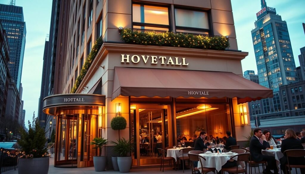 A luxurious New York hotel facade at dusk, showcasing an elegant entrance with a revolving door, adorned with stylish lighting. In the foreground, a well-dressed couple enjoys a fine dining experience on a terrace adorned with lush planters and warm string lights. The middle ground features prominent restaurant signage with decorative awnings, while other well-dressed diners are seen through the windows, highlighting the upscale atmosphere. The background reveals iconic NYC skyscrapers softly illuminated against a twilight sky. Capture the scene with a warm and inviting mood, using a lens that creates a slight bokeh effect, emphasizing the vibrancy of the hotel and its outstanding dining options. A luxurious New York hotel facade at dusk, showcasing an elegant entrance with a revolving door, adorned with stylish lighting. In the foreground, a well-dressed couple enjoys a fine dining experience on a terrace adorned with lush planters and warm string lights. The middle ground features prominent restaurant signage with decorative awnings, while other well-dressed diners are seen through the windows, highlighting the upscale atmosphere. The background reveals iconic NYC skyscrapers softly illuminated against a twilight sky. Capture the scene with a warm and inviting mood, using a lens that creates a slight bokeh effect, emphasizing the vibrancy of the hotel and its outstanding dining options.