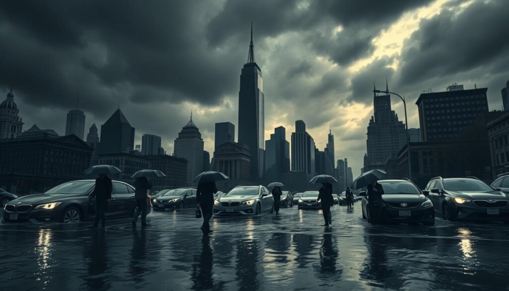A striking depiction of climate change effects in New York City. In the foreground, a flooded street with water partially submerging parked cars and reflecting the skyline. Include people in professional business attire, navigating around the flooding with umbrellas, exuding a sense of urgency and concern. In the middle ground, skyscrapers like the Empire State Building and One World Trade Center are partially obscured by ominous gray clouds, hinting at extreme weather patterns. The background features a dark, turbulent sky, contrasting with a glimmer of sunlight breaking through, symbolizing hope amidst the crisis. Use dramatic lighting to evoke a somber atmosphere, capturing the tension and urgency of climate change. The perspective should be slightly tilted upward to emphasize the city’s towering structures against the foreboding sky. A striking depiction of climate change effects in New York City. In the foreground, a flooded street with water partially submerging parked cars and reflecting the skyline. Include people in professional business attire, navigating around the flooding with umbrellas, exuding a sense of urgency and concern. In the middle ground, skyscrapers like the Empire State Building and One World Trade Center are partially obscured by ominous gray clouds, hinting at extreme weather patterns. The background features a dark, turbulent sky, contrasting with a glimmer of sunlight breaking through, symbolizing hope amidst the crisis. Use dramatic lighting to evoke a somber atmosphere, capturing the tension and urgency of climate change. The perspective should be slightly tilted upward to emphasize the city’s towering structures against the foreboding sky.