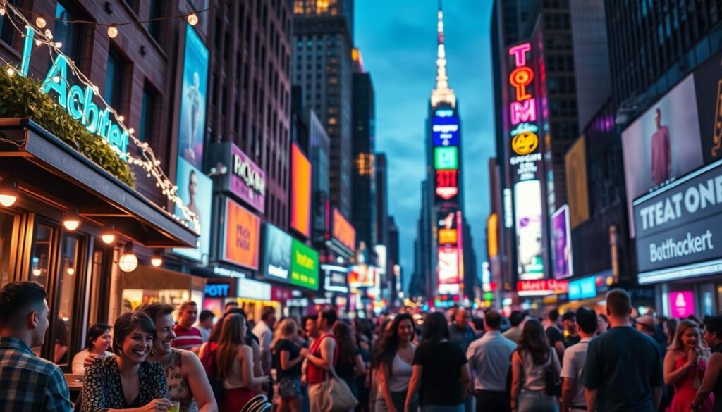 A vibrant New York City nightlife scene unfolds, showcasing a bustling street filled with diverse groups of people enjoying their evening. In the foreground, a couple in stylish attire share a laugh at a street-side café with soft fairy lights overhead. The middle ground features people dancing and socializing, illuminated by colorful neon signs from surrounding buildings. Iconic landmarks like Times Square and the Empire State Building are visible in the background, bathed in a warm twilight glow. Capture the energy with a slightly tilted angle to convey motion and excitement. The atmosphere should feel lively and inviting, with a blend of sounds echoing from nearby music venues, giving the viewer a true sense of the city's nightlife vibrancy. A vibrant New York City nightlife scene unfolds, showcasing a bustling street filled with diverse groups of people enjoying their evening. In the foreground, a couple in stylish attire share a laugh at a street-side café with soft fairy lights overhead. The middle ground features people dancing and socializing, illuminated by colorful neon signs from surrounding buildings. Iconic landmarks like Times Square and the Empire State Building are visible in the background, bathed in a warm twilight glow. Capture the energy with a slightly tilted angle to convey motion and excitement. The atmosphere should feel lively and inviting, with a blend of sounds echoing from nearby music venues, giving the viewer a true sense of the city's nightlife vibrancy.