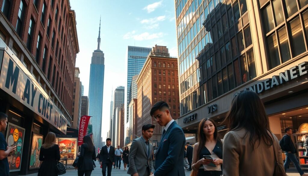 A vibrant New York City street scene showcasing new trends and experiences. In the foreground, a diverse group of elegantly dressed young professionals exchanges ideas, embodying the city's dynamic spirit. The middle ground features trendy pop-up shops adorned with colorful art and innovative designs, attracting curious passersby. In the background, iconic skyscrapers like the Empire State Building and One World Trade Center tower against a clear, azure sky, with soft golden sunlight illuminating the scene. Capture a lively urban atmosphere filled with energy and creativity, using a slightly elevated angle to provide a comprehensive perspective. The mood should be one of excitement and modernity, reflecting New York's status as a hub of innovation and culture. A vibrant New York City street scene showcasing new trends and experiences. In the foreground, a diverse group of elegantly dressed young professionals exchanges ideas, embodying the city's dynamic spirit. The middle ground features trendy pop-up shops adorned with colorful art and innovative designs, attracting curious passersby. In the background, iconic skyscrapers like the Empire State Building and One World Trade Center tower against a clear, azure sky, with soft golden sunlight illuminating the scene. Capture a lively urban atmosphere filled with energy and creativity, using a slightly elevated angle to provide a comprehensive perspective. The mood should be one of excitement and modernity, reflecting New York's status as a hub of innovation and culture.