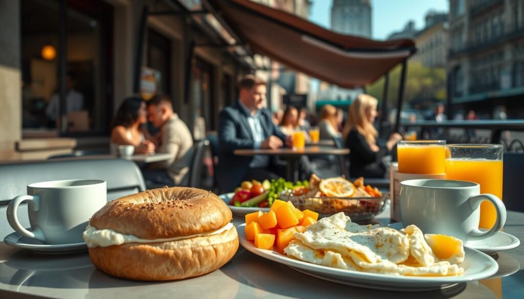 A vibrant breakfast scene in New York City, showcasing a bustling outdoor café with a diverse array of breakfast dishes. In the foreground, a neatly set table features a classic New York bagel with cream cheese, fluffy scrambled eggs, and a refreshing fruit salad. A steaming cup of coffee and a freshly squeezed orange juice sit alongside. The middle ground captures people enjoying their meals, dressed in smart casual attire, creating a warm and inviting atmosphere. The background showcases iconic New York architecture and a bright blue sky, perhaps with a hint of greenery from nearby trees. Soft morning light bathes the scene, enhancing the inviting mood of this quintessential New York breakfast experience. A vibrant breakfast scene in New York City, showcasing a bustling outdoor café with a diverse array of breakfast dishes. In the foreground, a neatly set table features a classic New York bagel with cream cheese, fluffy scrambled eggs, and a refreshing fruit salad. A steaming cup of coffee and a freshly squeezed orange juice sit alongside. The middle ground captures people enjoying their meals, dressed in smart casual attire, creating a warm and inviting atmosphere. The background showcases iconic New York architecture and a bright blue sky, perhaps with a hint of greenery from nearby trees. Soft morning light bathes the scene, enhancing the inviting mood of this quintessential New York breakfast experience.