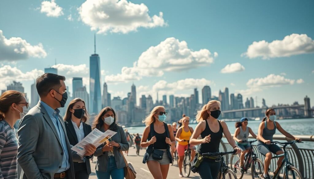 A vibrant cityscape of New York City reflecting the theme of climate and health. In the foreground, a diverse group of professionals in smart casual attire engage in a lively discussion, holding health-related pamphlets about weather impacts. In the middle ground, people jogging and cycling along the Hudson River, wearing masks and using eco-friendly gear, symbolize the connection between climate and health. The background showcases iconic NYC landmarks, under a bright blue sky with fluffy white clouds, emphasizing a clean, fresh atmosphere. Soft, warm sunlight filters through the scene, casting gentle shadows, conveying a sense of optimism and vitality. Capture a wide-angle view to enhance the bustling, healthy lifestyle narrative. A vibrant cityscape of New York City reflecting the theme of climate and health. In the foreground, a diverse group of professionals in smart casual attire engage in a lively discussion, holding health-related pamphlets about weather impacts. In the middle ground, people jogging and cycling along the Hudson River, wearing masks and using eco-friendly gear, symbolize the connection between climate and health. The background showcases iconic NYC landmarks, under a bright blue sky with fluffy white clouds, emphasizing a clean, fresh atmosphere. Soft, warm sunlight filters through the scene, casting gentle shadows, conveying a sense of optimism and vitality. Capture a wide-angle view to enhance the bustling, healthy lifestyle narrative.