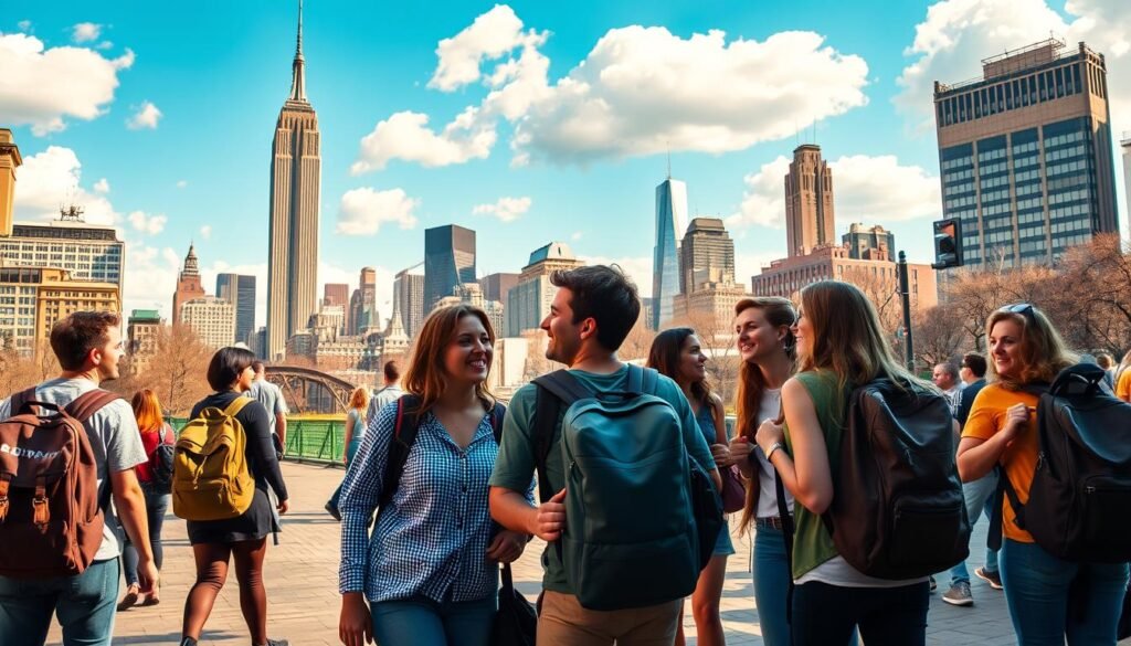 A vibrant cityscape of New York, capturing the essence of backpackers exploring iconic landmarks. In the foreground, a diverse group of young travelers with backpacks, wearing casual yet stylish clothing, enthusiastically discussing their next destination. The middle ground features famous sites like the Empire State Building and Central Park, bustling with energy. The background showcases a bright blue sky with fluffy clouds, hinting at an adventurous day ahead. The lighting is warm and inviting, suggesting early morning or late afternoon, casting soft shadows on the pavement. The overall mood is lively and optimistic, reflecting the excitement of backpacking through the city while embracing its rich culture and diversity.