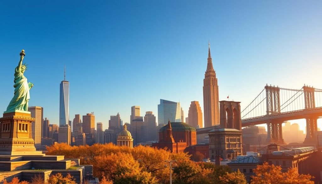 A vibrant collage depicting historical aspects of New York City. In the foreground, iconic landmarks such as the Statue of Liberty and Ellis Island are prominently featured, bathed in warm, golden sunlight. The middle ground showcases the Manhattan skyline with historical buildings like the Flatiron and Woolworth Towers, blending modern skyscrapers with classic architecture. In the background, a soft haze envelops the distant Brooklyn Bridge, hinting at the city’s rich history. The scene is set during a clear blue sky, reflecting a bright and optimistic atmosphere. Use a wide-angle lens to capture the vastness of the cityscape, with rich, saturated colors to evoke a sense of nostalgia and wonder. The mood is reflective and inspiring, inviting viewers to appreciate New York's historical legacy.