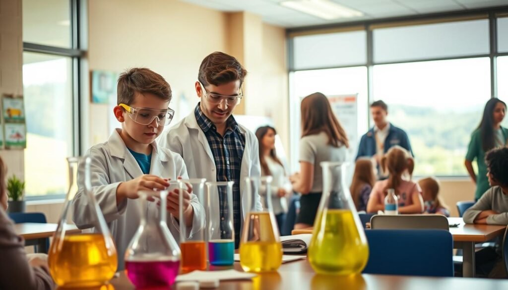 A vibrant educational scene in Oneida County, New York, showcasing a diverse group of students engaging in hands-on learning. In the foreground, two students work together on a science project with beakers and colorful liquids, wearing lab coats and goggles. The middle reveals a teacher guiding a discussion among a small group in an inviting classroom adorned with educational posters. Natural light streams through large windows, illuminating the space and creating a warm atmosphere. In the background, a glimpse of Oneida County's beautiful landscape can be seen, featuring green hills and trees. Soft focus enhances the sense of community and opportunity, framed with a shallow depth of field to emphasize the educational activities. This image represents the spirit of learning and collaboration in Oneida County. A vibrant educational scene in Oneida County, New York, showcasing a diverse group of students engaging in hands-on learning. In the foreground, two students work together on a science project with beakers and colorful liquids, wearing lab coats and goggles. The middle reveals a teacher guiding a discussion among a small group in an inviting classroom adorned with educational posters. Natural light streams through large windows, illuminating the space and creating a warm atmosphere. In the background, a glimpse of Oneida County's beautiful landscape can be seen, featuring green hills and trees. Soft focus enhances the sense of community and opportunity, framed with a shallow depth of field to emphasize the educational activities. This image represents the spirit of learning and collaboration in Oneida County.