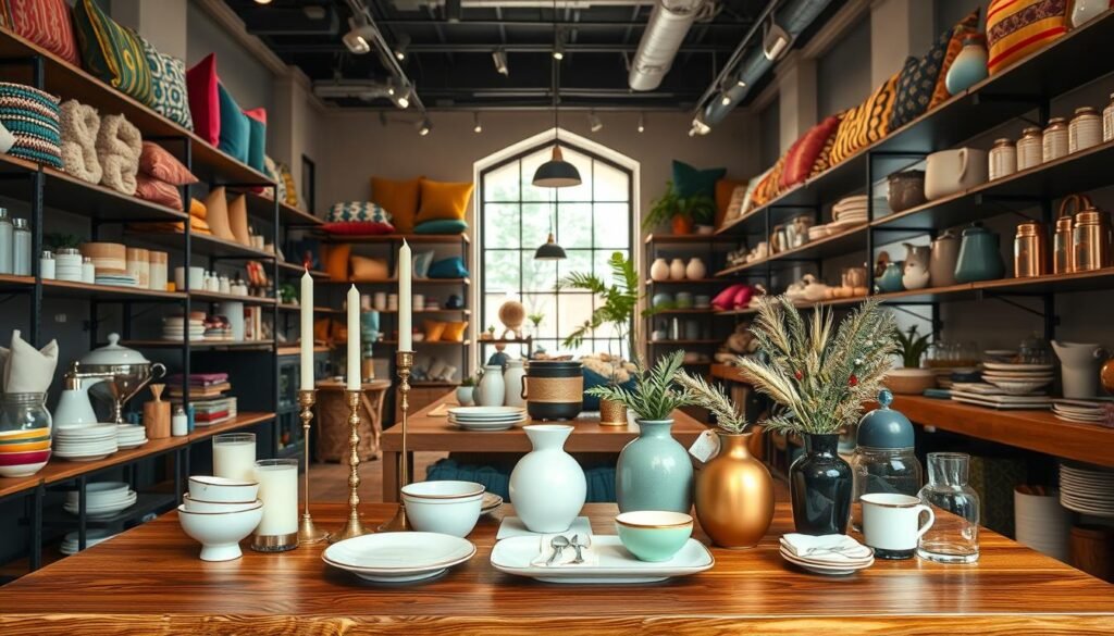 A vibrant scene capturing a stylish home goods store in New York City, showcasing an inviting interior filled with beautifully arranged home decor items. In the foreground, a polished wooden table displays elegant tableware, candles, and decorative vases. The middle ground features shelves stocked with colorful cushions, throws, and kitchen gadgets, all designed to evoke a sense of warmth and creativity. The background reveals a large window through which soft, natural light shines, illuminating the room and creating a welcoming atmosphere. The mood is lively yet serene, reflecting a vibrant shopping experience. The scene is devoid of any text or logos, focusing solely on the delightful offerings of the store. A vibrant scene capturing a stylish home goods store in New York City, showcasing an inviting interior filled with beautifully arranged home decor items. In the foreground, a polished wooden table displays elegant tableware, candles, and decorative vases. The middle ground features shelves stocked with colorful cushions, throws, and kitchen gadgets, all designed to evoke a sense of warmth and creativity. The background reveals a large window through which soft, natural light shines, illuminating the room and creating a welcoming atmosphere. The mood is lively yet serene, reflecting a vibrant shopping experience. The scene is devoid of any text or logos, focusing solely on the delightful offerings of the store.