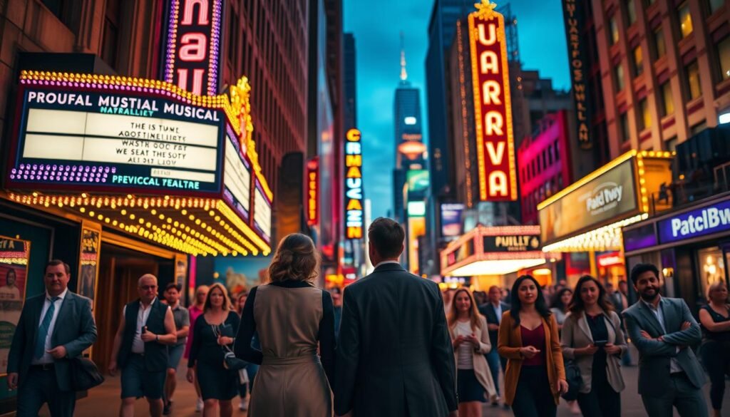 A vibrant scene capturing the essence of Broadway in New York City. In the foreground, an elegantly dressed couple holds hands, gazing at a dazzling marquee illuminated by colorful lights advertising a popular musical. In the middle ground, a mix of excited theatergoers, variously dressed in smart casual and professional attire, walk briskly, their faces alight with anticipation. The background features iconic Broadway theaters, artfully lit with a warm glow against the evening sky, while a hint of city skyscrapers adds depth. The atmosphere is electric, filled with a sense of excitement and artistry. Utilize a shallow depth of field to focus on the couple, with soft bokeh lights from the marquee creating a magical ambiance. A vibrant scene capturing the essence of Broadway in New York City. In the foreground, an elegantly dressed couple holds hands, gazing at a dazzling marquee illuminated by colorful lights advertising a popular musical. In the middle ground, a mix of excited theatergoers, variously dressed in smart casual and professional attire, walk briskly, their faces alight with anticipation. The background features iconic Broadway theaters, artfully lit with a warm glow against the evening sky, while a hint of city skyscrapers adds depth. The atmosphere is electric, filled with a sense of excitement and artistry. Utilize a shallow depth of field to focus on the couple, with soft bokeh lights from the marquee creating a magical ambiance.
