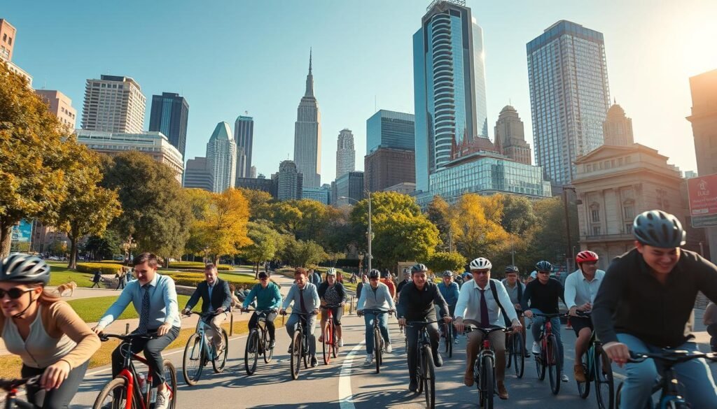 A vibrant scene of non-motorized transport in New York City, focusing on a bicycle lane bustling with cyclists. In the foreground, a diverse group of cyclists of various ages and ethnicities wear professional business attire and casual clothing, exhibiting a sense of community and energy. The middle ground features a picturesque park with trees and pedestrians walking dogs, while a well-defined bike lane winds through. In the background, iconic NYC skyscrapers soar under a clear blue sky, with the sun casting warm afternoon light. The atmosphere is lively and dynamic, capturing the spirit of urban mobility. The perspective is slightly elevated, showcasing a busy street layout to emphasize the integration of cycling and walking in city life.