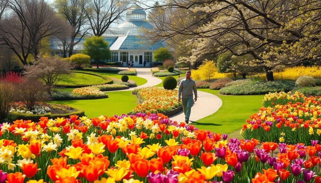 A vibrant scene of the New York Botanical Gardens in spring, showcasing a lush green landscape filled with blooming flowers. In the foreground, colorful flowerbeds bursting with tulips and daffodils create a vivid tapestry of colors. The middle ground features winding paths surrounded by flowering trees, inviting visitors to explore. In the background, the iconic conservatory stands majestically, blending nature with architecture. Soft sunlight filters through the trees, casting gentle shadows on the ground, evoking a serene and peaceful atmosphere. A couple in modest casual clothing strolls hand in hand along the path, enjoying the beauty of the gardens. Capture the enchanting essence of nature within New York City, emphasizing tranquility and outdoor enjoyment. A vibrant scene of the New York Botanical Gardens in spring, showcasing a lush green landscape filled with blooming flowers. In the foreground, colorful flowerbeds bursting with tulips and daffodils create a vivid tapestry of colors. The middle ground features winding paths surrounded by flowering trees, inviting visitors to explore. In the background, the iconic conservatory stands majestically, blending nature with architecture. Soft sunlight filters through the trees, casting gentle shadows on the ground, evoking a serene and peaceful atmosphere. A couple in modest casual clothing strolls hand in hand along the path, enjoying the beauty of the gardens. Capture the enchanting essence of nature within New York City, emphasizing tranquility and outdoor enjoyment.