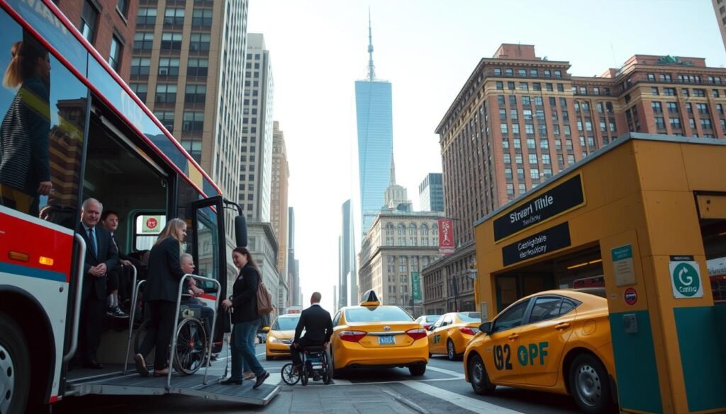 A vibrant scene showcasing accessible transportation in New York City for people with disabilities. In the foreground, a modern wheelchair-accessible bus is stopped at a bustling city intersection, with the ramp deployed. A diverse group of individuals, including a woman in a wheelchair and a man using crutches, are boarding the bus, dressed in professional attire. In the middle ground, iconic yellow cabs, some equipped with accessibility features, are seen waiting in traffic alongside a strong, central focus on a subway station entrance with braille signage. The background features recognizable NYC skyscrapers and a clear blue sky, with soft, natural lighting illuminating the scene. The mood is uplifting and inclusive, reflecting the city’s commitment to accessible transportation.