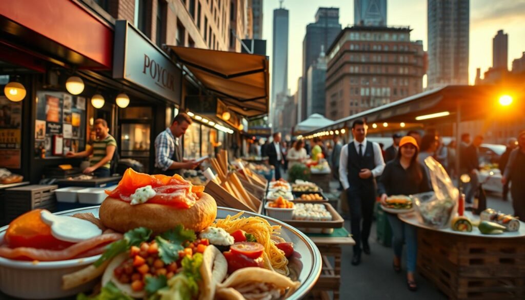A vibrant street scene in New York City showcasing diverse cultures and gastronomy. In the foreground, a beautifully plated dish featuring iconic New York foods, like a bagel with lox and cream cheese, alongside a colorful array of international cuisines, such as tacos and sushi. The middle-ground captures a bustling outdoor market, with cheerful vendors in professional attire selling fresh produce and unique dishes to happy customers. In the background, the iconic skyline of New York is visible, bathed in warm afternoon light, with the sun setting to create a golden hour glow. The atmosphere is lively and inviting, emphasizing the rich cultural tapestry and culinary diversity of the city. Shot with a wide-angle lens to capture the energy and vibrancy of this multicultural hub. A vibrant street scene in New York City showcasing diverse cultures and gastronomy. In the foreground, a beautifully plated dish featuring iconic New York foods, like a bagel with lox and cream cheese, alongside a colorful array of international cuisines, such as tacos and sushi. The middle-ground captures a bustling outdoor market, with cheerful vendors in professional attire selling fresh produce and unique dishes to happy customers. In the background, the iconic skyline of New York is visible, bathed in warm afternoon light, with the sun setting to create a golden hour glow. The atmosphere is lively and inviting, emphasizing the rich cultural tapestry and culinary diversity of the city. Shot with a wide-angle lens to capture the energy and vibrancy of this multicultural hub.