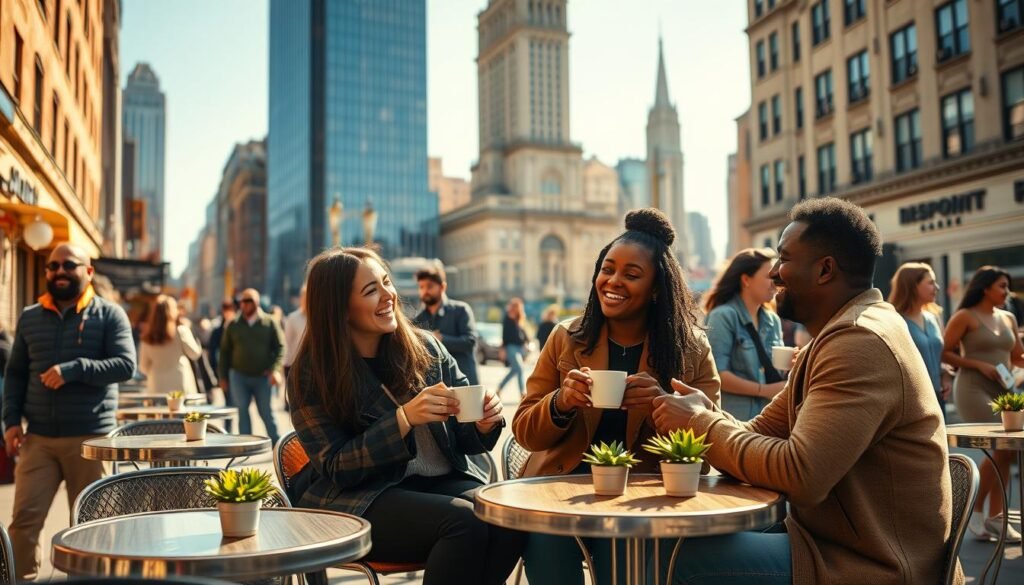 A vibrant street scene in New York City showcasing diverse locals engaging in conversation and laughter at a cozy outdoor café. In the foreground, a group of three friends, two women and one man, are seated around a small table, dressed in stylish casual clothing, sharing stories over coffee. The middle ground features a warm and inviting café atmosphere with tables adorned with small potted plants and twinkling fairy lights. In the background, iconic New York City architecture looms under clear blue skies, with people walking by, some sharing a friendly greeting. The lighting is golden and warm, reminiscent of late afternoon sun, casting soft shadows. The overall mood is friendly, inviting, and full of connection, embodying the essence of engaging with locals in the city. A vibrant street scene in New York City showcasing diverse locals engaging in conversation and laughter at a cozy outdoor café. In the foreground, a group of three friends, two women and one man, are seated around a small table, dressed in stylish casual clothing, sharing stories over coffee. The middle ground features a warm and inviting café atmosphere with tables adorned with small potted plants and twinkling fairy lights. In the background, iconic New York City architecture looms under clear blue skies, with people walking by, some sharing a friendly greeting. The lighting is golden and warm, reminiscent of late afternoon sun, casting soft shadows. The overall mood is friendly, inviting, and full of connection, embodying the essence of engaging with locals in the city.