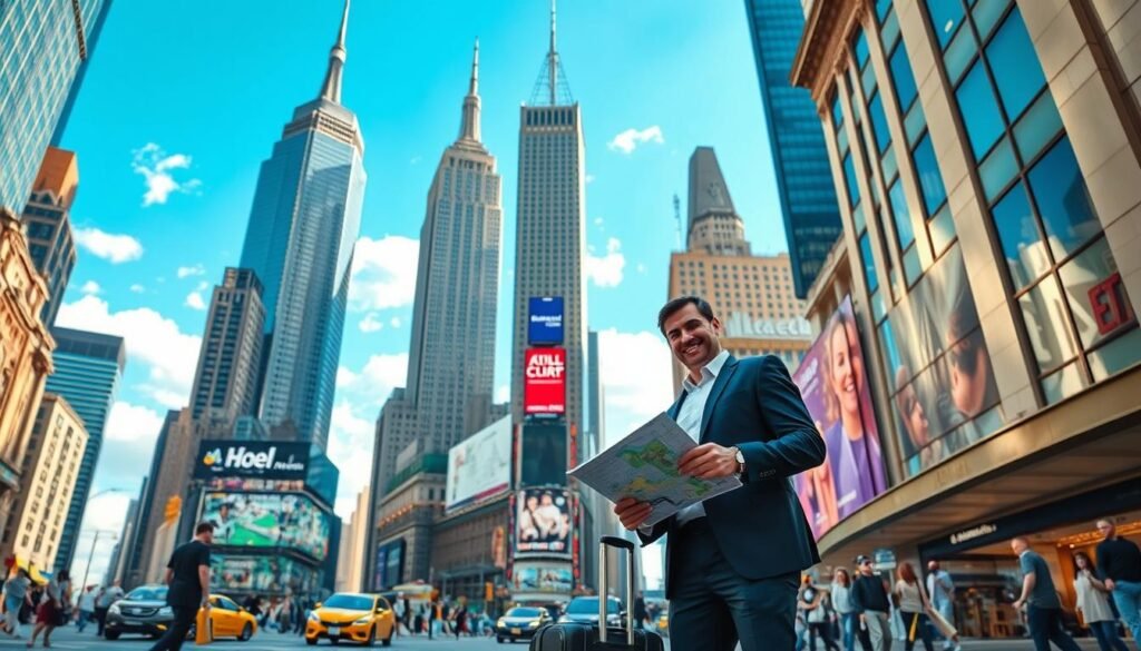 A vibrant street scene showcasing central Manhattan hotels, filled with modern skyscrapers and classic architecture. In the foreground, a couple dressed in professional business attire stands with luggage near a stylish hotel entrance, smiling and looking at a map. The middle ground features iconic New York buildings like the Empire State Building and Times Square, bustling with tourists. The background showcases a bright blue sky with light, fluffy clouds, giving a lively, inviting atmosphere. The scene is illuminated by warm sunlight, highlighting the details of the architecture. A slight angle from street level captures the energy of the city, emphasizing the proximity of the hotels to main attractions. A vibrant street scene showcasing central Manhattan hotels, filled with modern skyscrapers and classic architecture. In the foreground, a couple dressed in professional business attire stands with luggage near a stylish hotel entrance, smiling and looking at a map. The middle ground features iconic New York buildings like the Empire State Building and Times Square, bustling with tourists. The background showcases a bright blue sky with light, fluffy clouds, giving a lively, inviting atmosphere. The scene is illuminated by warm sunlight, highlighting the details of the architecture. A slight angle from street level captures the energy of the city, emphasizing the proximity of the hotels to main attractions.
