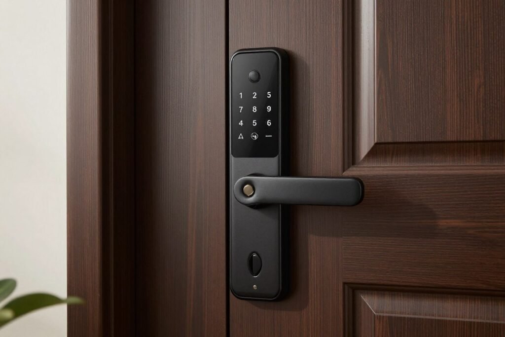 Detalle de cerradura digital moderna en la puerta principal de una residencia