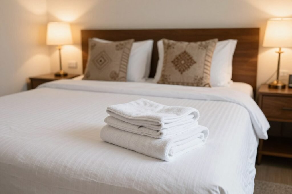 Dormitorio preparado para huéspedes con ropa de cama limpia y toallas dobladas